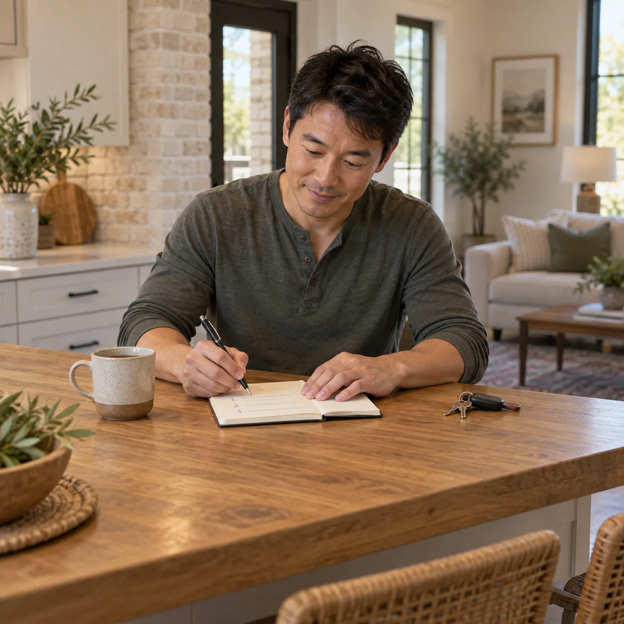 Man writing questions in a notebook at a kitchen island
