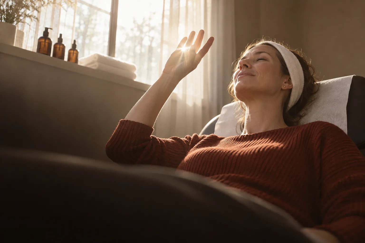Editorial photo of a woman in a rust knit sweater and white headband reclining in a treatment chair with one hand raised into window light.