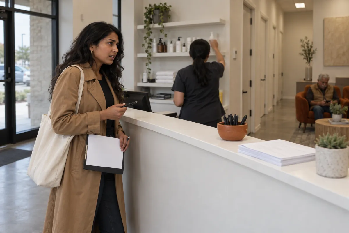 Editorial photo of a woman in a camel coat holding a clipboard and asking a question at a front desk while a staff member in scrubs reaches for a shelf behind it.