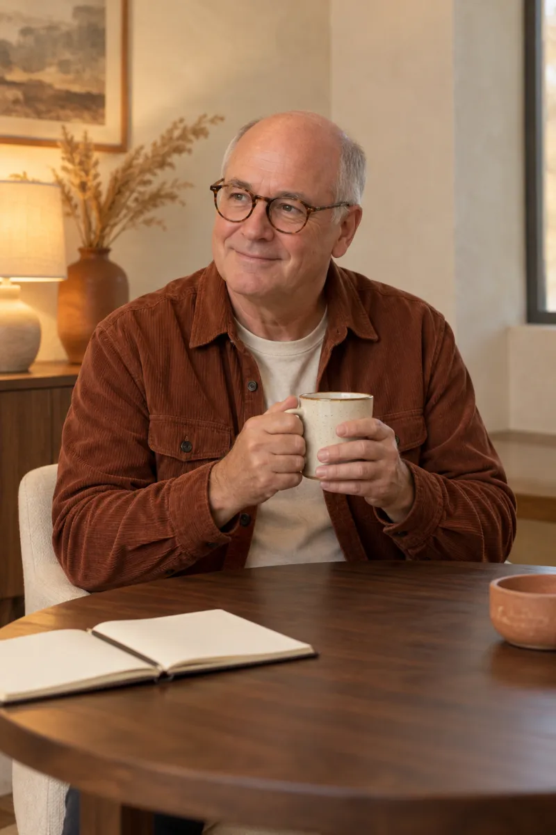 Editorial photo of a man in a brown corduroy overshirt at a wooden table, holding a hand mirror and looking off to the side as if listening.
